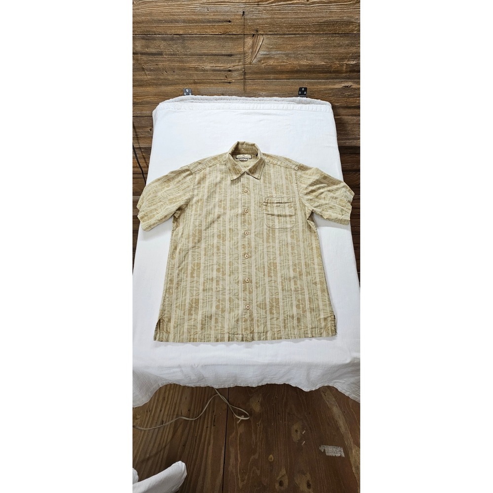 Tommy Bahama Mens Large Silk Cotton Tan Striped Tropical Floral Camp Shirt L